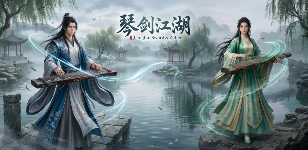 Two heroes wield glowing guqin zithers in a misty riverside garden